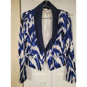Eva Mendes New York & Co Blue White Abstract Shawl Collar Cropped Blazer Size M